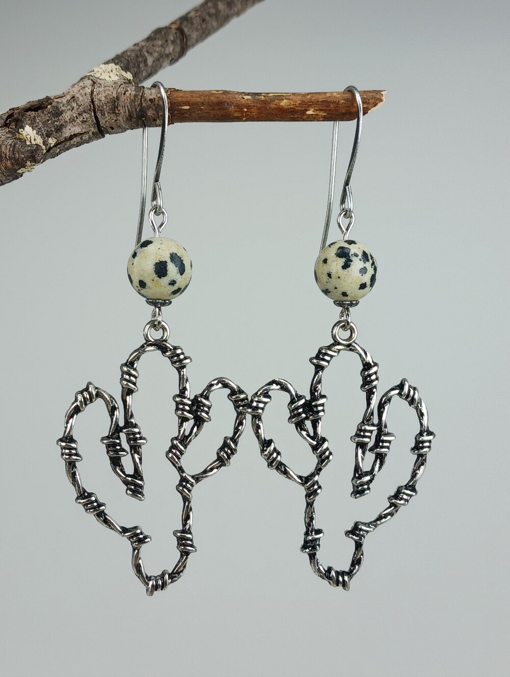 Dalmatian Jasper Cactus Earrings Antiqued Silver Hand Crafted - Picture 4 of 7